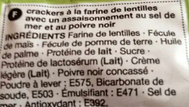 Crackers de Lentilles saveur Poivre Noir et Sel de Mer ingredients label