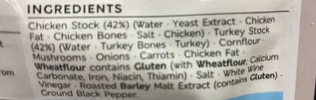 Turkey Gravy ingredients label