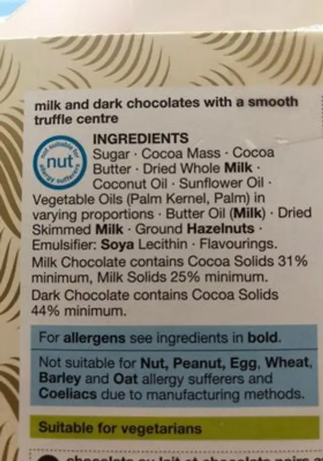 Swiss Choc Truffle Asst ingredients label