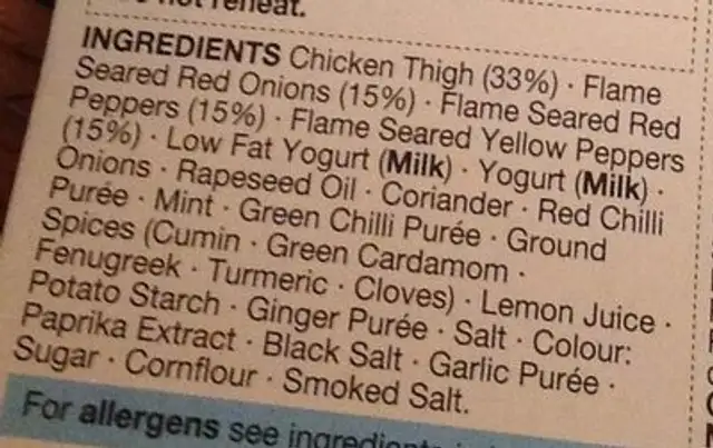 Chicken Tikka with Chargrilled Vegetables ingredients label
