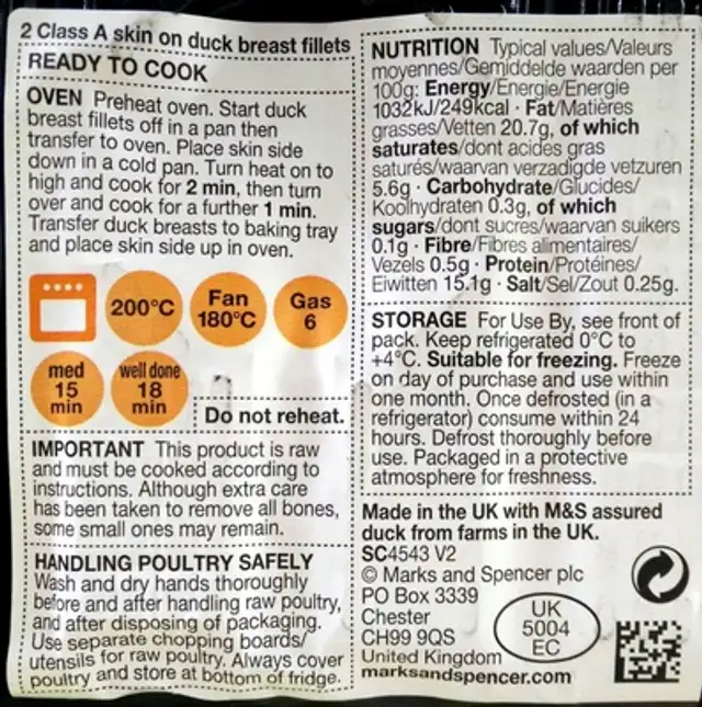 Duck breast fillets skin on ingredients label