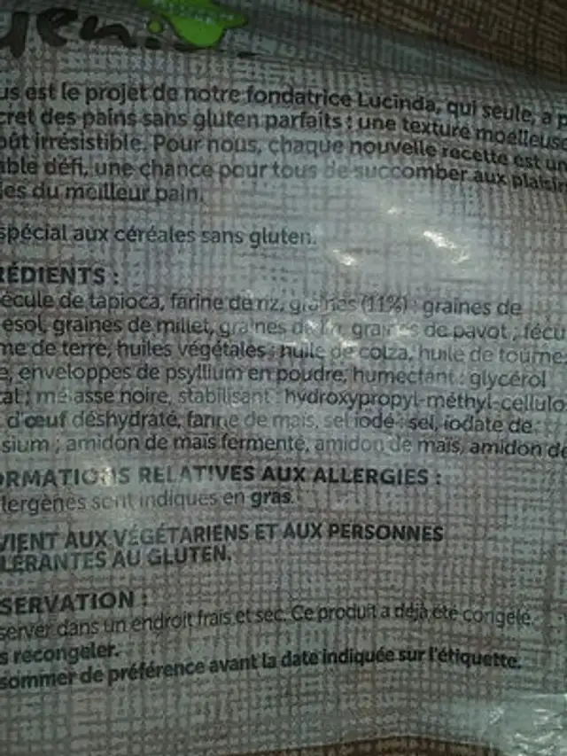 Pain brun riche en fibres et sans gluten ingredients label