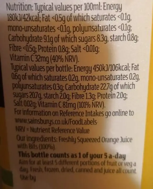 Freshly squeezed orange juice nutrition facts table