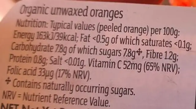Sainsbury's so organic unwaxed oranges nutrition facts table