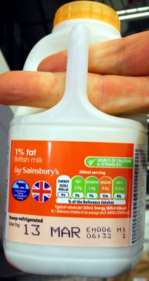 1% fat British milk front packaging