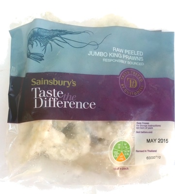 Raw peeled jumbo king prawns front packaging