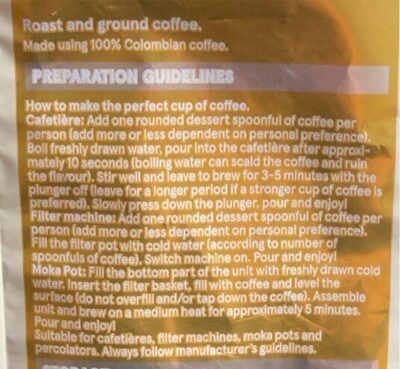 Tesco Colombian Roast And Ground Coffee 227G nutrition facts table