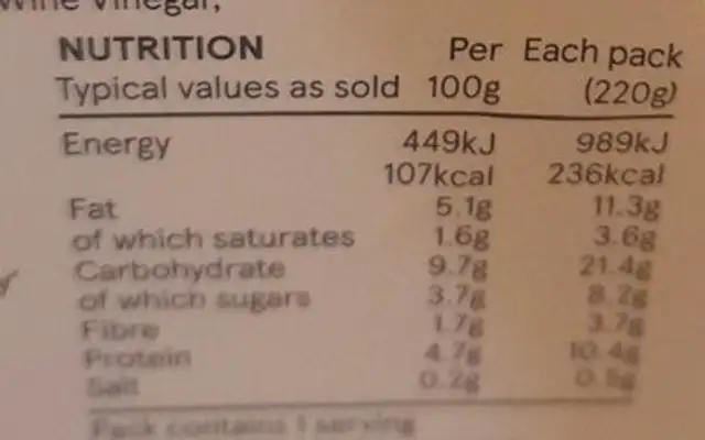 Tomato and mozzarella nutrition facts table