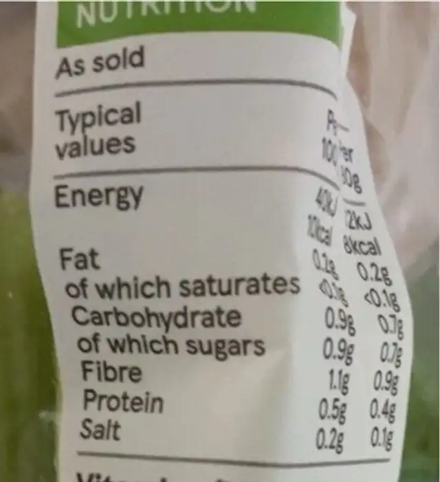 Tesco celery nutrition facts table
