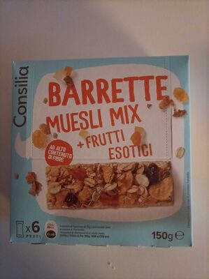 Barrette muesli mix +frutti esotici front packaging
