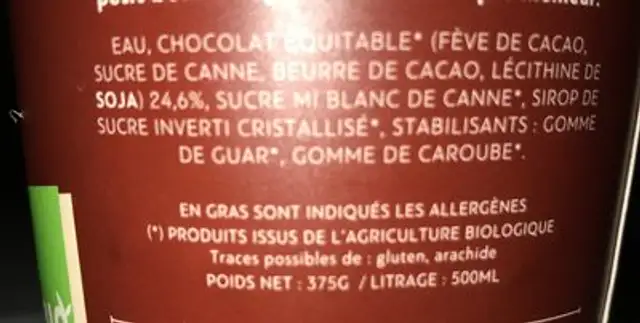 Sorbet chocolat noir grand cru ingredients label