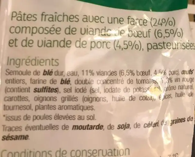 Tortellini boeuf et porc ingredients label