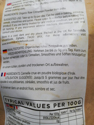 Cannelle en poudre ingredients label