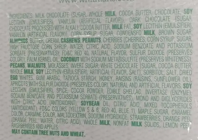 Whitman's Sampler Asst. CHOCOLATES 12OZ ingredients label
