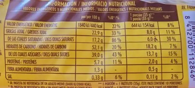 Pastelitos de cacao con leche nutrition facts table