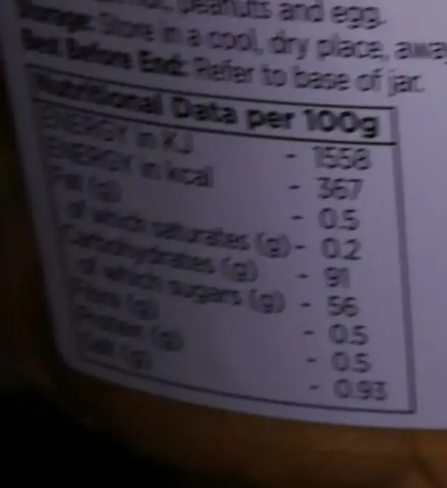 Comida nutrition facts table