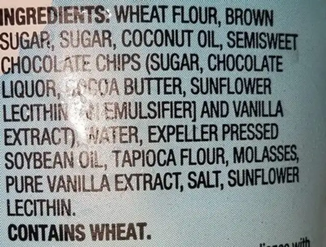 Ben and Jerry's Vegan chocolate chip cookie dough chunks ingredients label