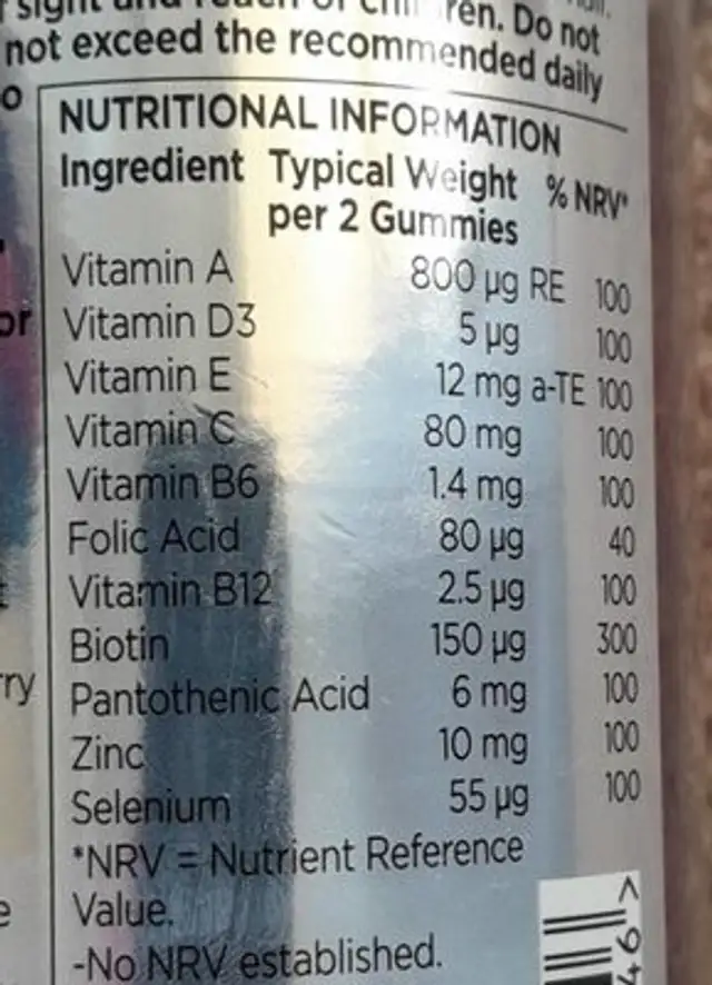 Gummies hair vitamins nutrition facts table