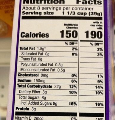 Multi Grain Cheerios nutrition facts table