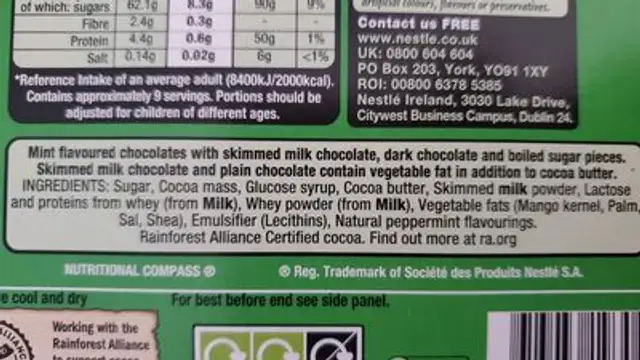 cool mint matchmakers ingredients label