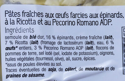 Cappelletti épinards & ricotta ingredients label