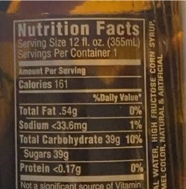 rootbeer nutrition facts table