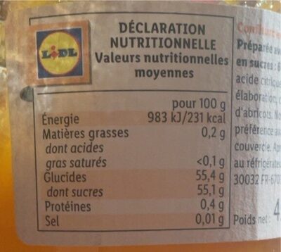 Confiture extra d’abricots nutrition facts table