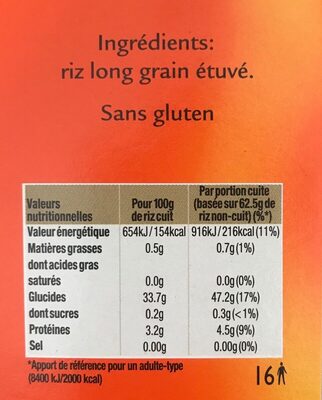 Riz Long Grain nutrition facts table
