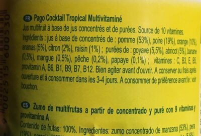 Jus tropical miltivitaminés ingredients label