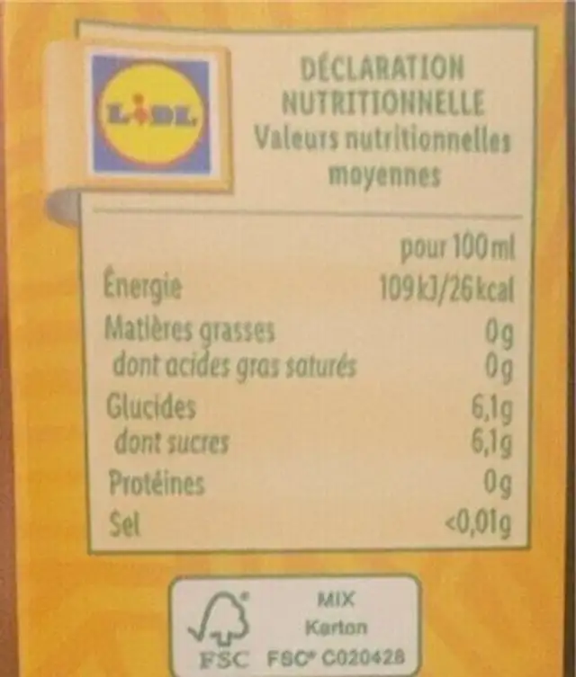 Boisson à l’orange nutrition facts table