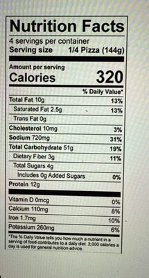 Margherita Pizza Take & Bake nutrition facts table