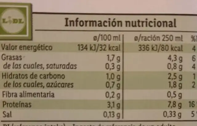bebida soja 0% azucares añadido nutrition facts table