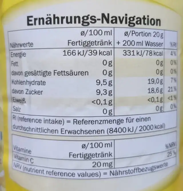 Lemon Drink nutrition facts table