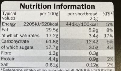 all butter scottish shortbread fingers nutrition facts table