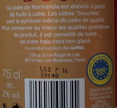 Cidre de Normandie doux ingredients label