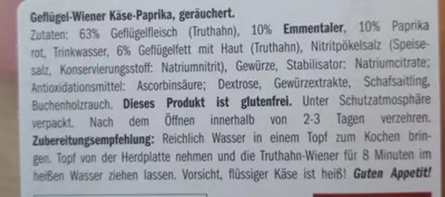 Geflügel-Wiener Käse-Paprika ingredients label