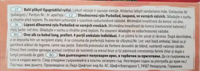 Long Grain Parboiled Rice in Bag ingredients label