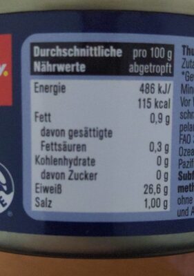 Thunfischfilet im eigenem Saft nutrition facts table