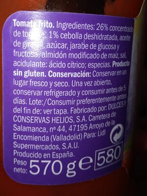 Tomate frito con cebolla ingredients label