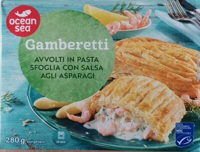 Gamberetti avvolti in pasta sfoglia con salsa agli asparagi front packaging
