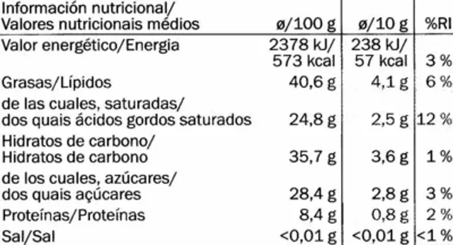 Pure chocolade Chocolat noir nutrition facts table