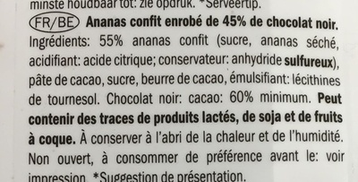 Pineapple coated in dark chocolate ingredients label