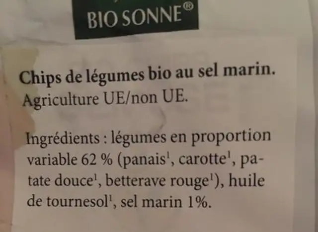 Chips aux legumes ingredients label
