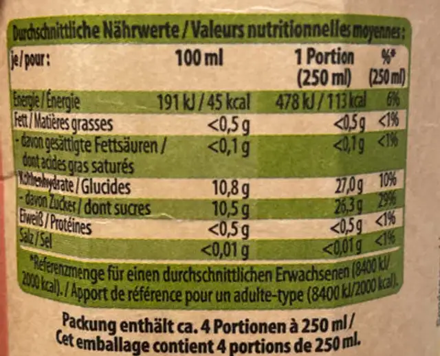 Bio Saft Apfel nutrition facts table