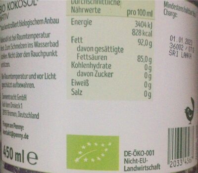 Kokosöl nutrition facts table