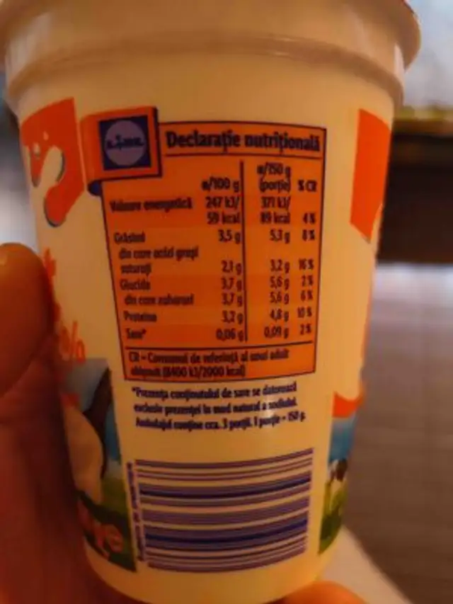 Iaurt natur 3.5% nutrition facts table