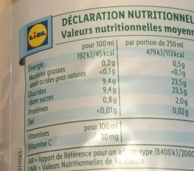 Jus d’Orange nutrition facts table