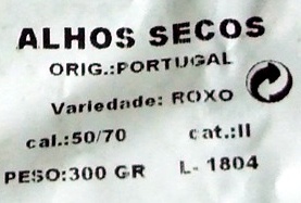 Alhos Secos ingredients label