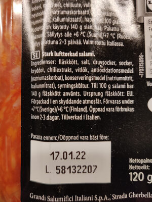 Salami Spianata Calabra ingredients label