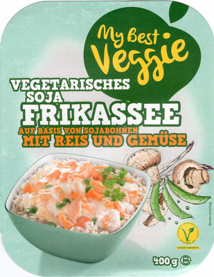 Vegetarisches Soja Frikassee auf Basis von Sojabohnen mit Reis und Gemüse